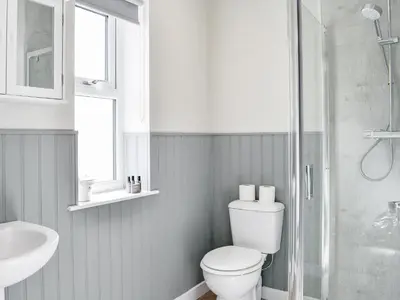 a white bathroom with a toilet and a shower at Crofthouse - Uk43405 in Wigtown