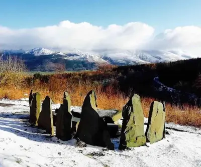 a group of rocks in the snow with mountains in the background at The Hayloft. Entire Barn Conversion near Keswick in Applethwaite