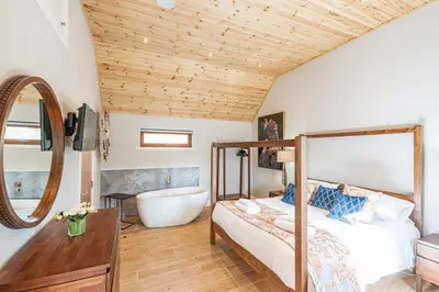 a bedroom with a bed and a bath tub and a sink at Kestrel Lodge 2 with Hot Tub in Newton Stewart