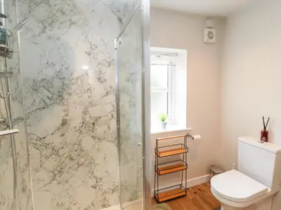 a bathroom with a shower and a toilet at The Flat in Carlisle