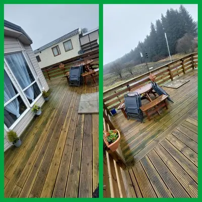 two pictures of a deck with a table and chairs at Just Resort No29 in Balminnoch