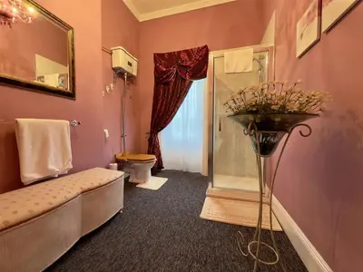 a bathroom with a shower and a toilet and a sink at Calthwaite Hall Bed & Breakfast in Penrith